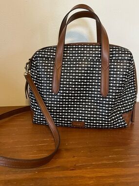 Fossil Sydney Black & White Canvas Coated Satchel Handbag Crossbody Purse
